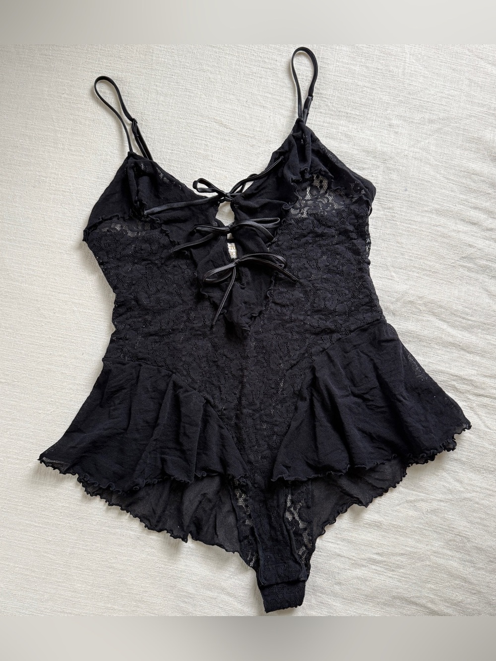 Vintage 90s Victoria's Secret Black Lace Skirted Teddy Lingerie Ties Ruffled
